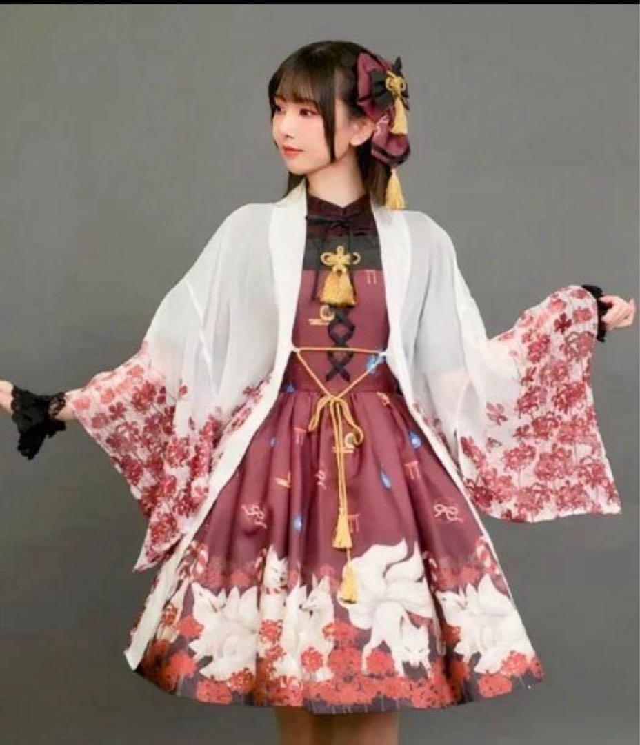 axes femme kawaii 彼岸の白狐会柄彼岸花柄シアー着物風羽織