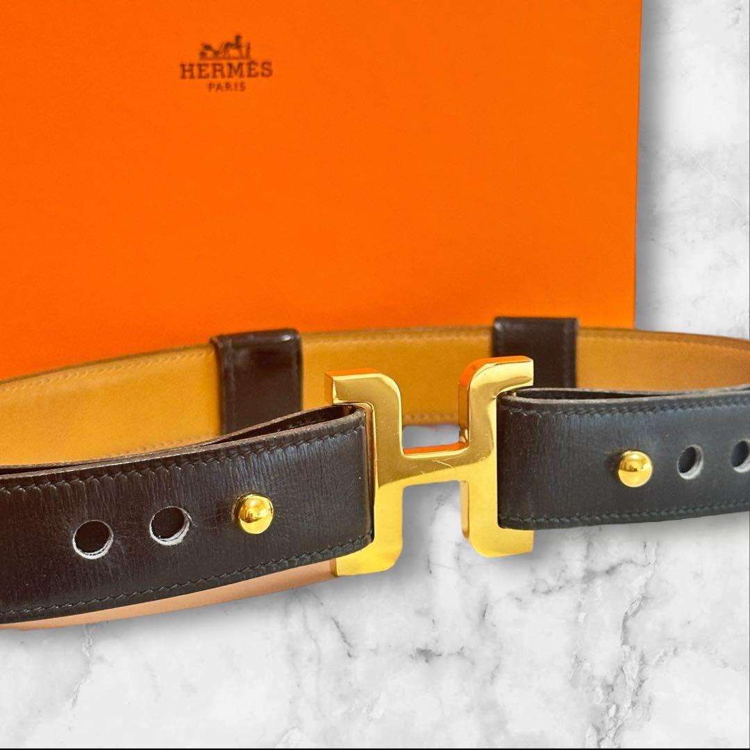 極美品✨HERMES エルメス H バックル ベルト レザー ブラック ゴールド