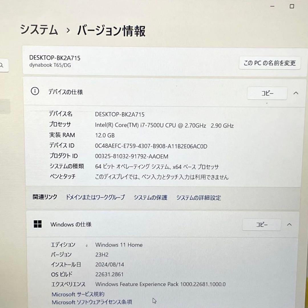 東芝 dynabook T65DG SSD256 メモリ12 ノートパソコン